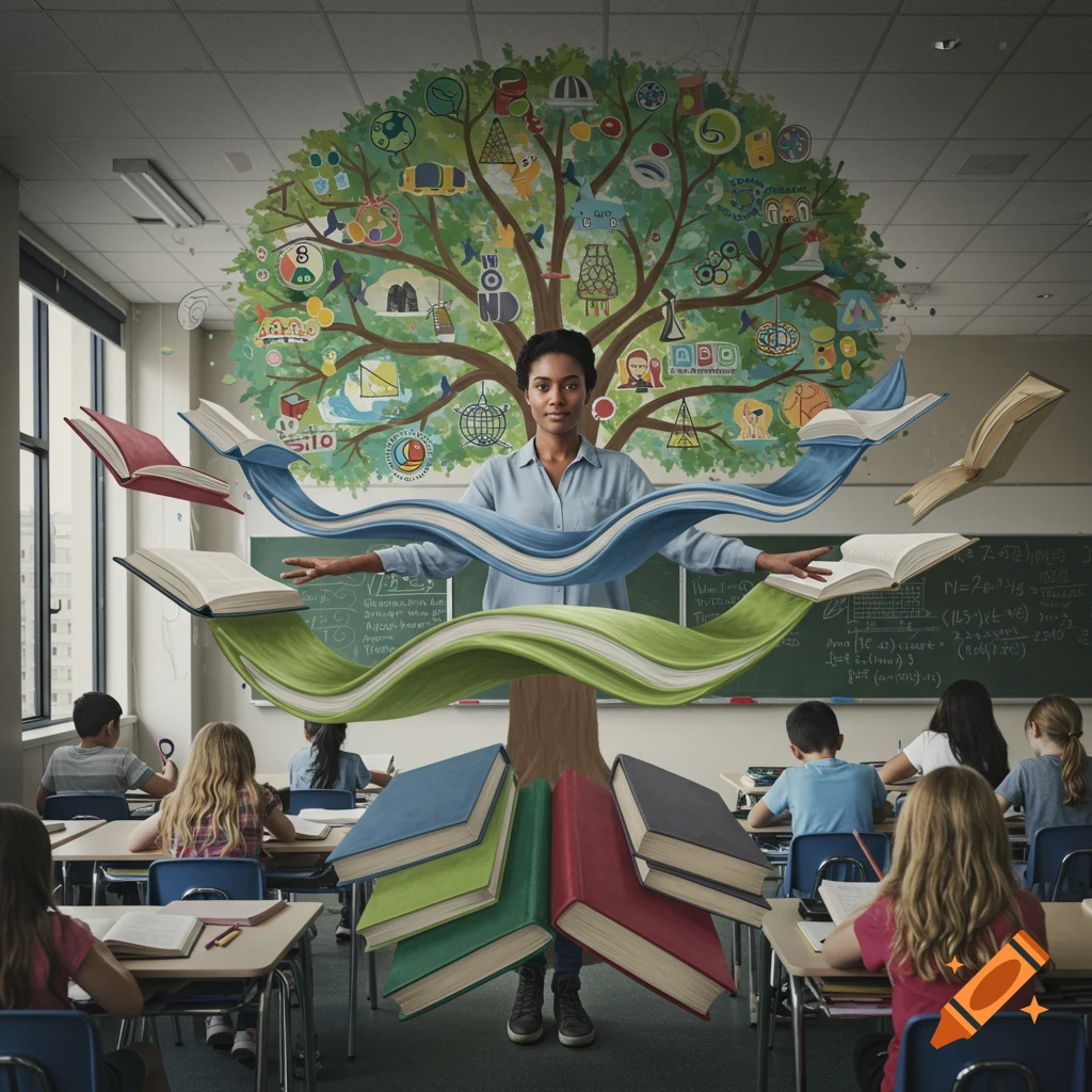 A female teacher stands in a classroom, with a tree of knowledge growing from her waist and books floating around her, with students at desks in the background. Stylized educational elements are visible.
