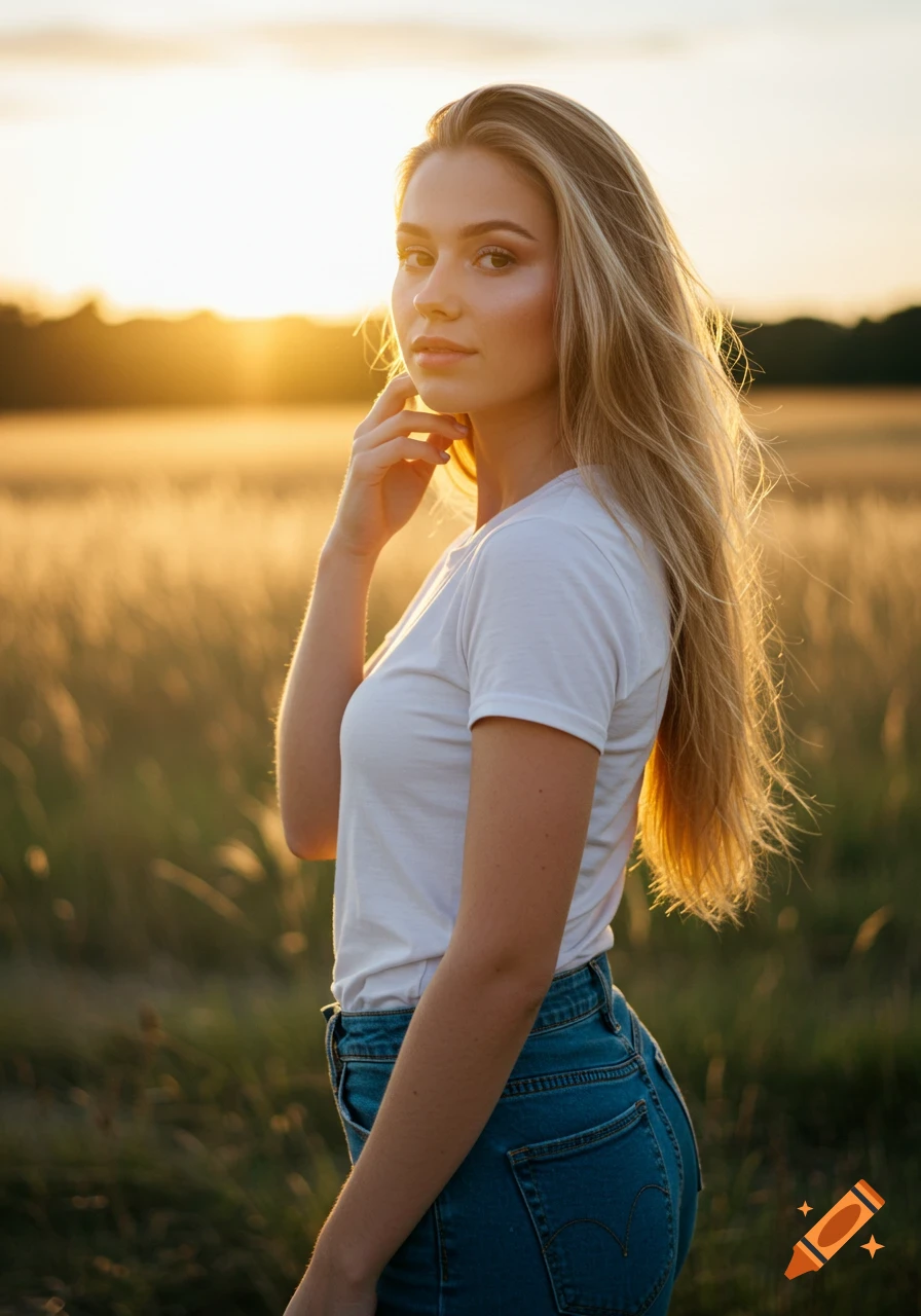 Photorealistic portrait of a young woman with long blonde hair, white t-shirt, and blue jeans, standing in a field at sunset.