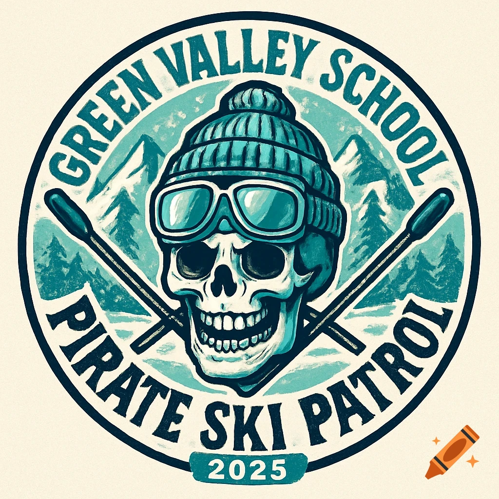 A circular ski trip logo features a stylized skull wearing a beanie and goggles, with crossed ski poles, mountains, and trees. Text reads 'Green Valley School Pirate Ski Patrol 2025'.