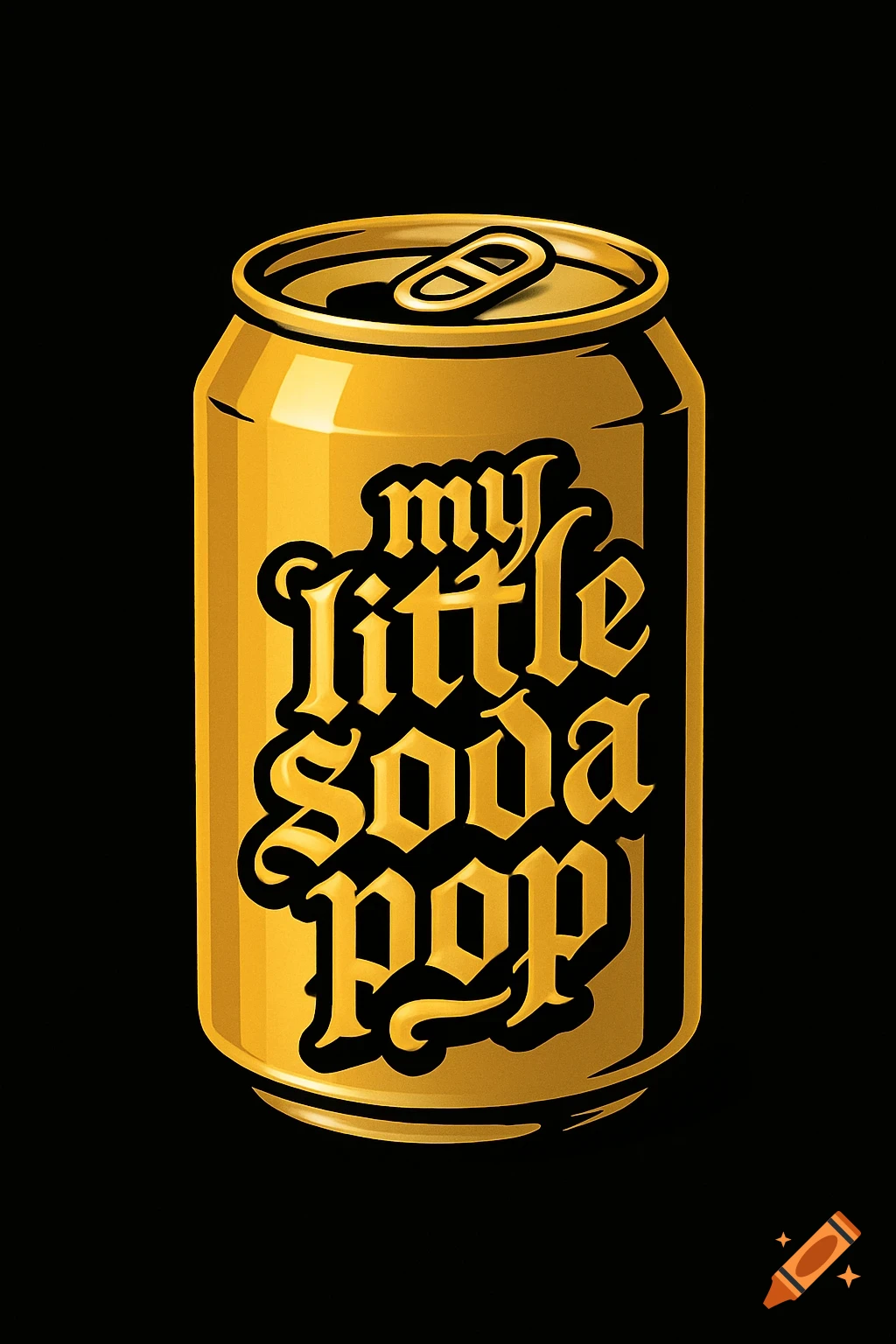 A golden soda can with 'my little soda pop' written in a blackletter-style font on a black background.