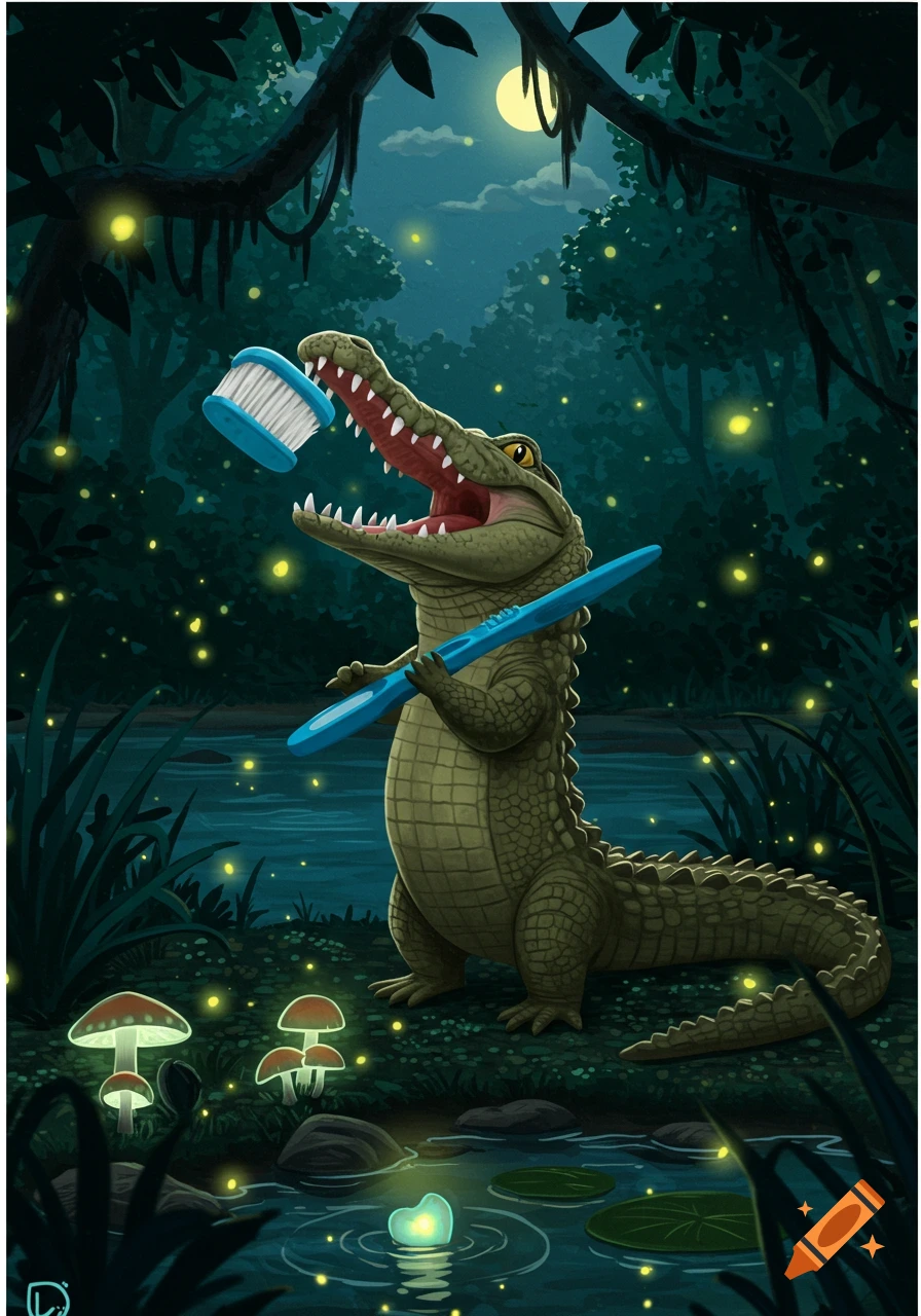 A cartoon crocodile stands in a moonlit swamp, brushing its teeth with a large blue toothbrush, surrounded by glowing mushrooms and fireflies.