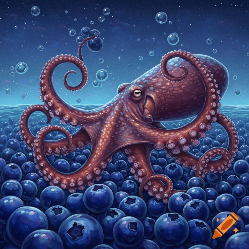 A large, reddish-brown octopus sits among a sea of dark blue blueberries under a dark blue sky with bubbles.