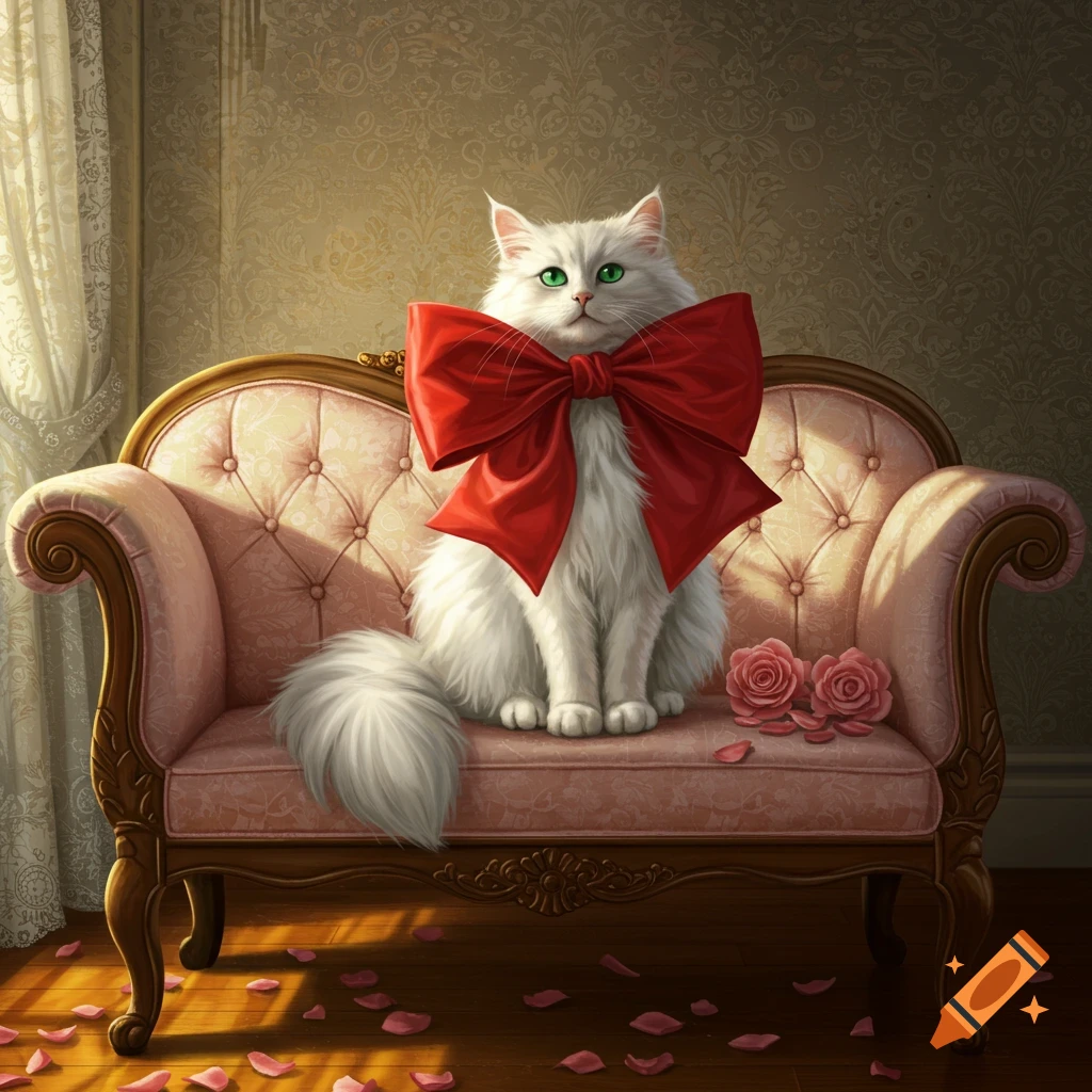 A fluffy white cat with bright green eyes sits on a pink tufted couch, wearing a large red bow. Pink rose petals are on the floor.