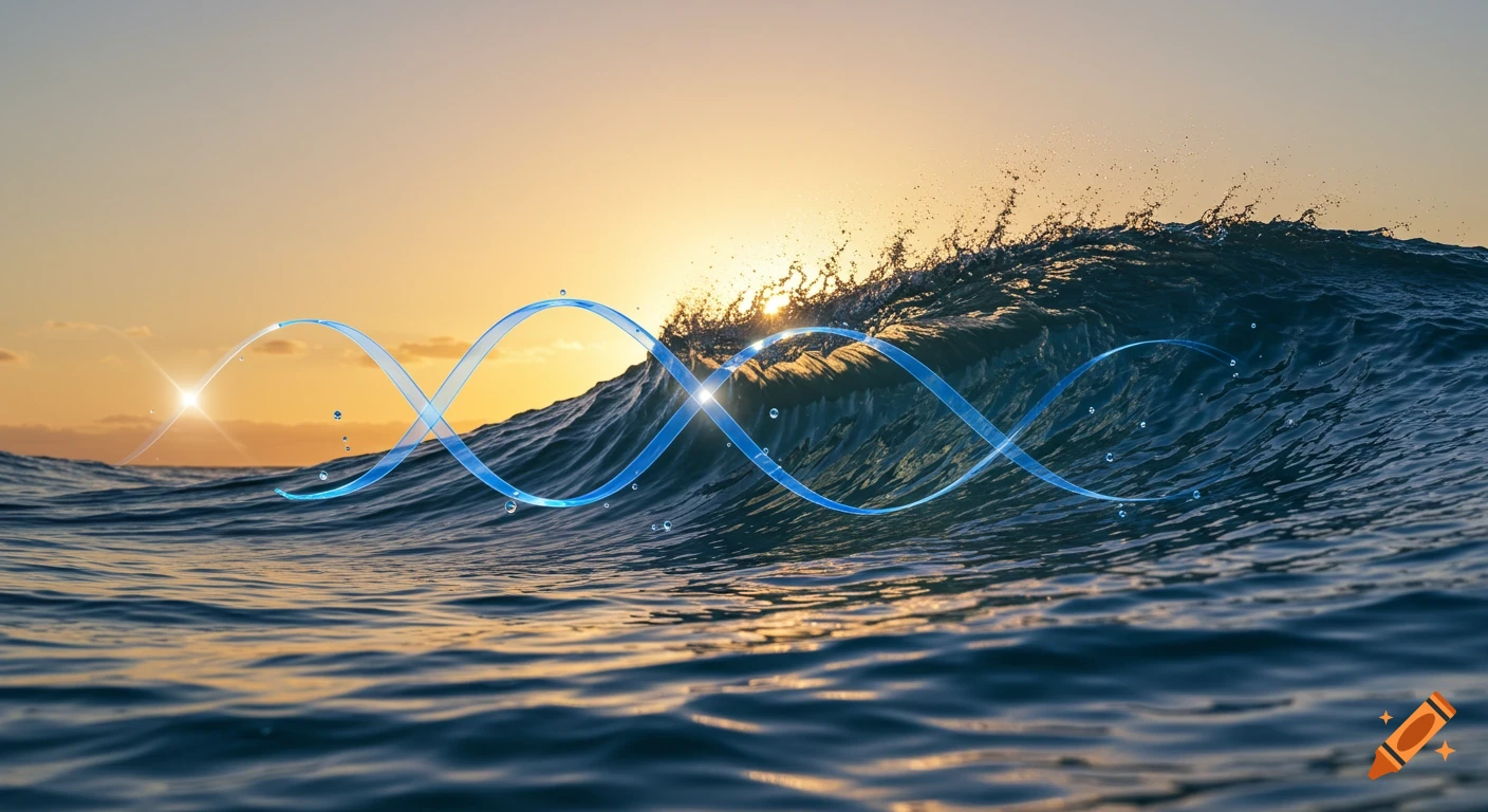 Photorealistic image of a large ocean wave at sunset, with a glowing blue sine wave intertwined.