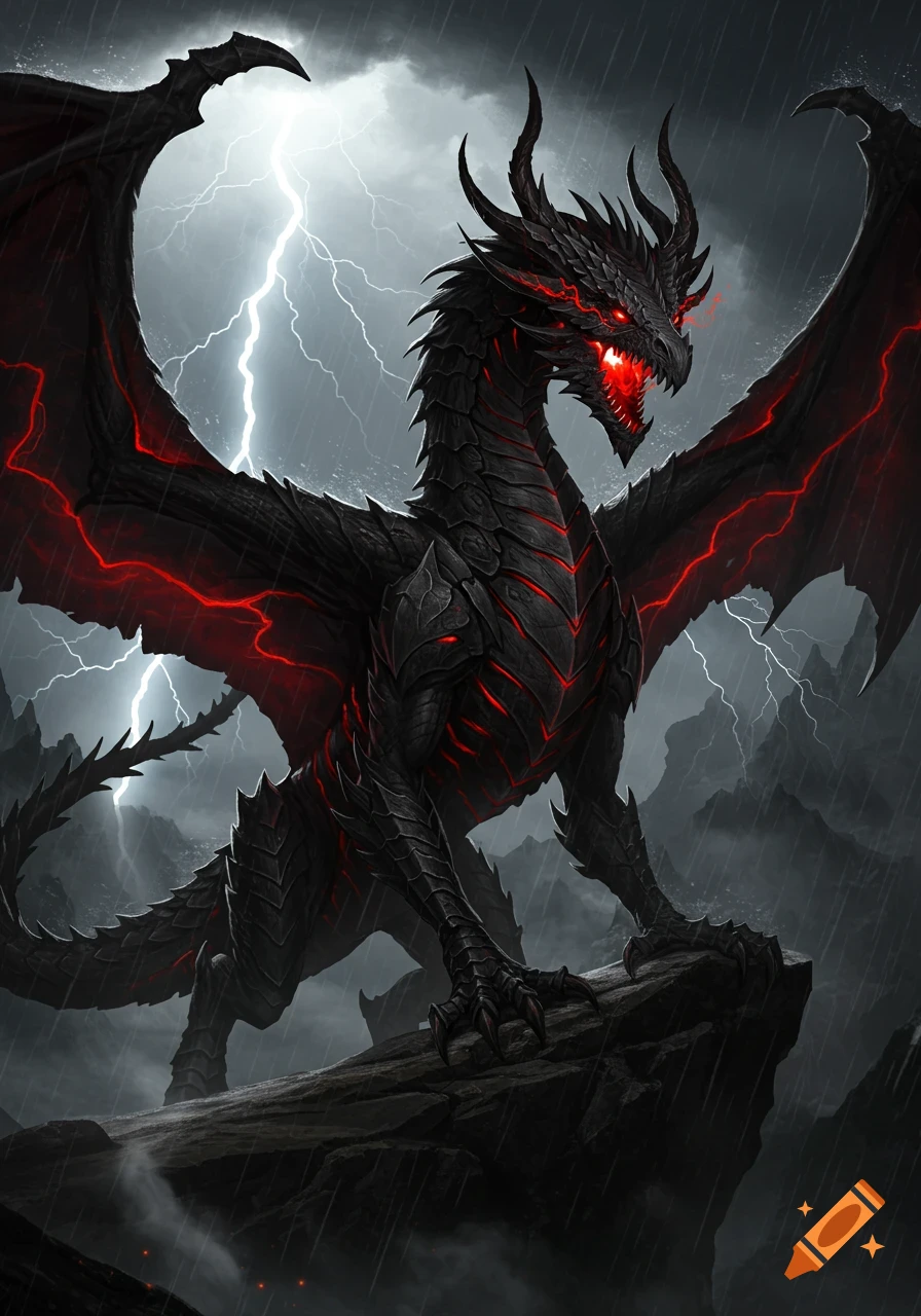 A powerful black dragon with glowing red eyes and armor-like scales stands on a rock cliff in a stormy landscape with lightning.