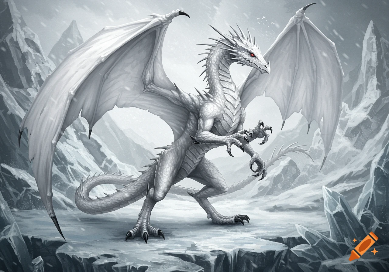 A majestic white dragon with red eyes stands in a snowy, icy mountain landscape, wings spread slightly. The dragon has prominent spikes along its back and tail, and sharp black claws.