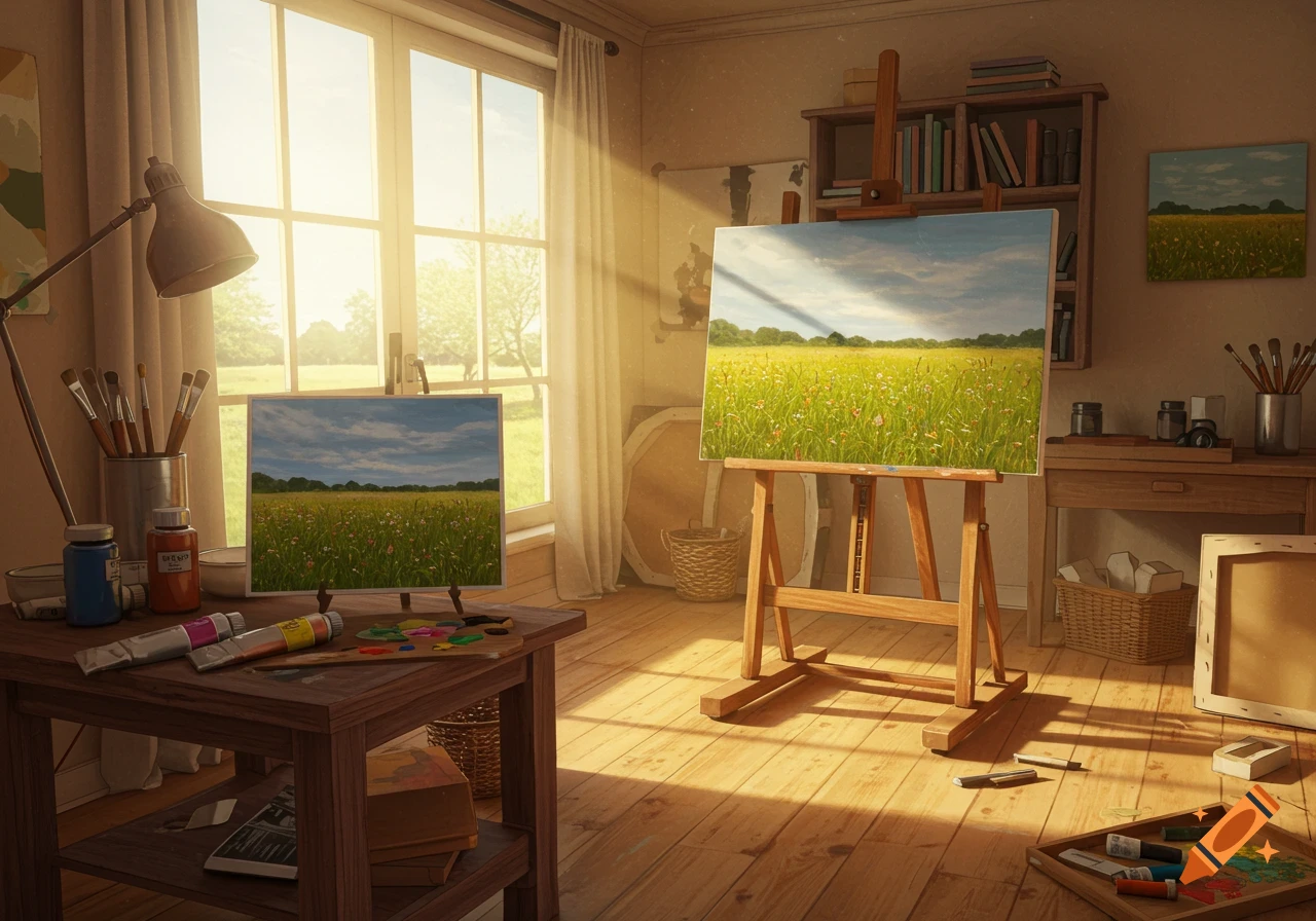A sunlit artist's studio with easels, paint supplies, and two landscape paintings of a vibrant green field under a blue sky.