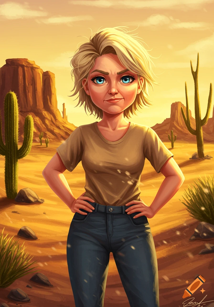 A smug blonde cartoon woman with blue eyes, hands on hips, standing in a sunny desert with cacti and mesas.