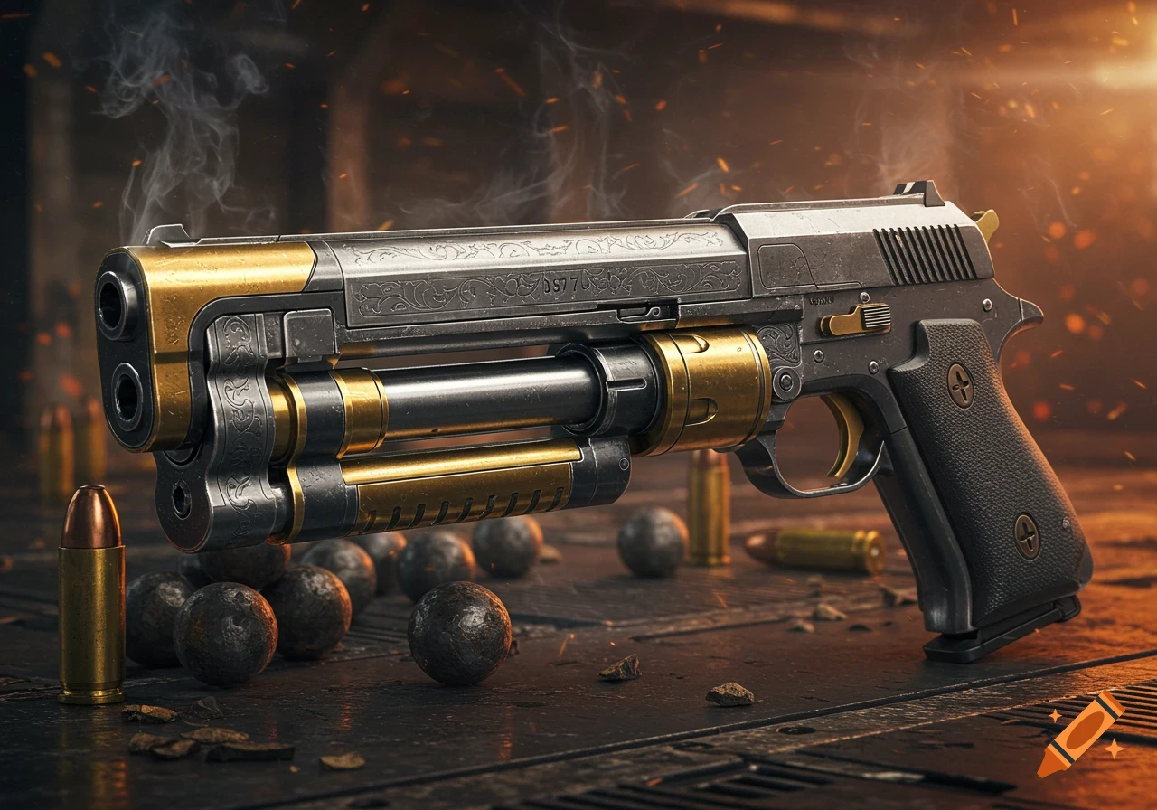 Ornate, multi-barreled handgun with gold and silver accents, smoke, bullets, and cannonballs on a dark, textured surface.