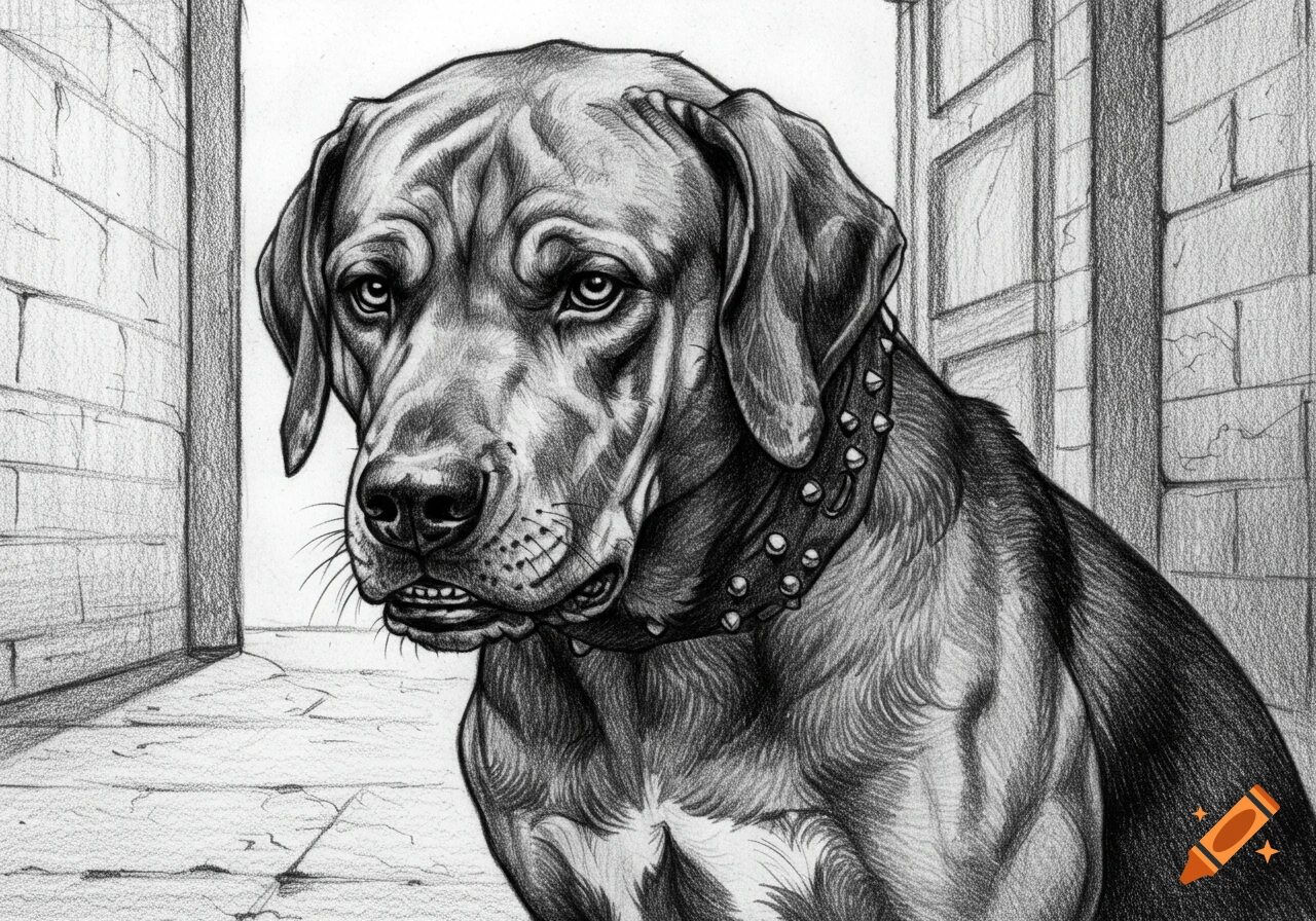 Pencil sketch of a solemn hound dog with a studded collar in an alleyway.