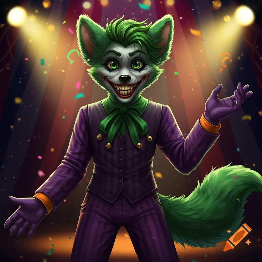 A green-furred furry character dressed as the Joker in a purple suit, smiling widely under circus spotlights with confetti.
