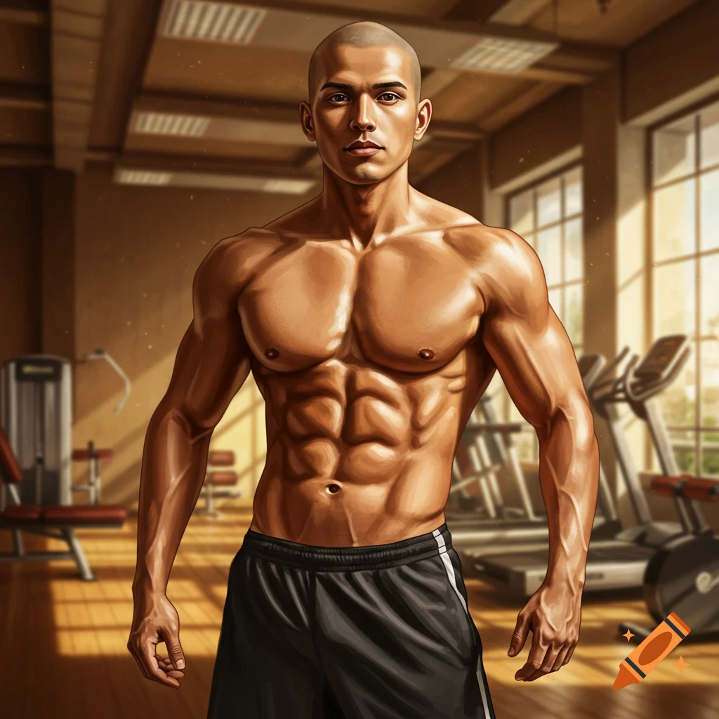 Bald, muscular man in black shorts posing in a gym, rendered in a digital art style.