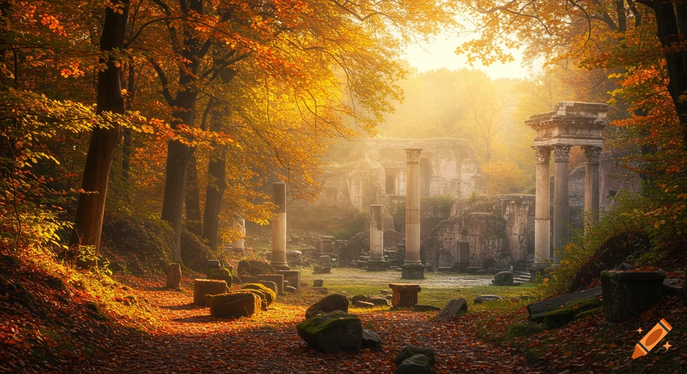 Photorealistic autumnal forest with a sun-dappled path leading to ancient Roman ruins shrouded in mist.
