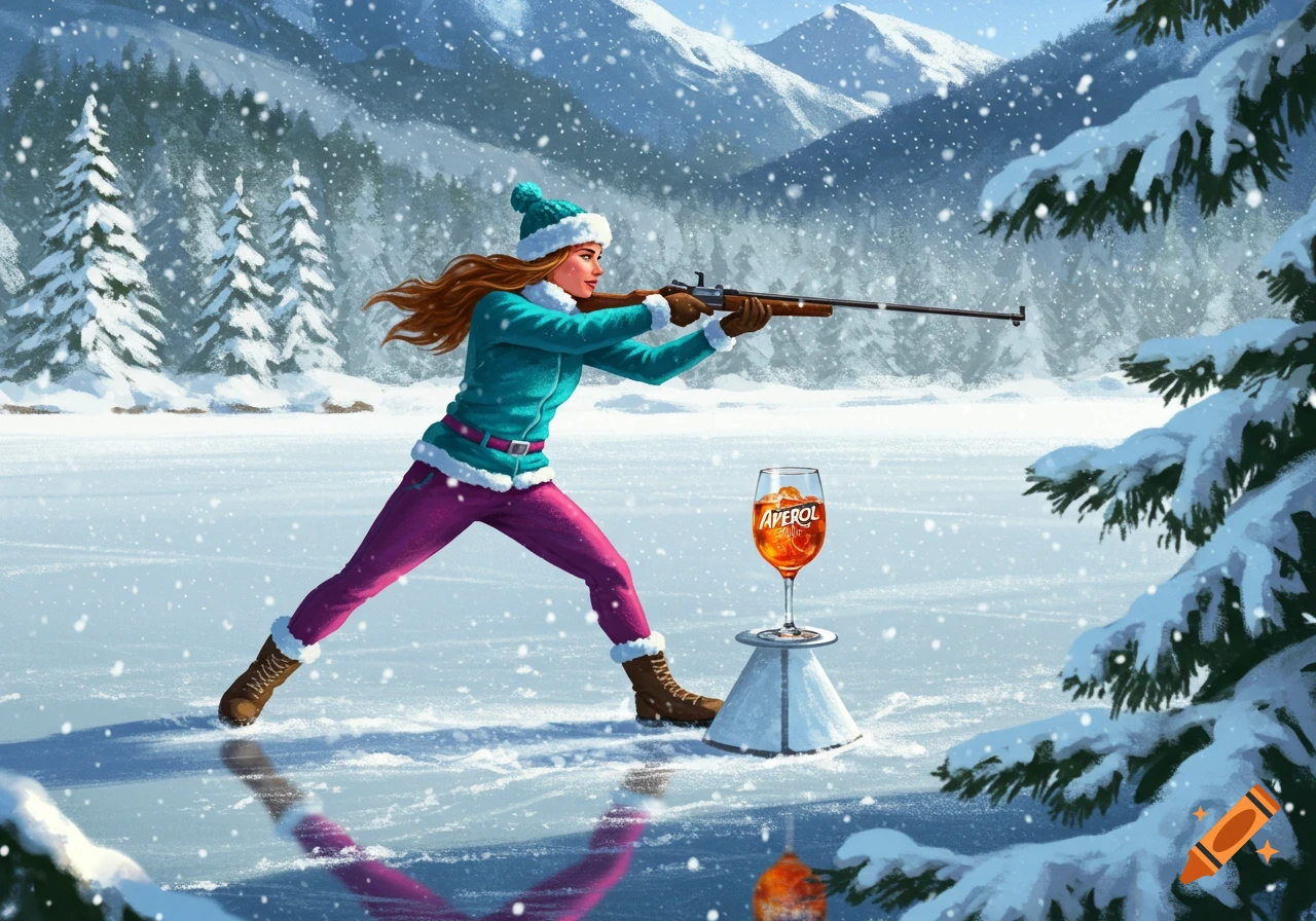 An illustrated woman with long brown hair, wearing a teal jacket and pink pants, aims a rifle at an Aperol spritz cocktail glass in a snowy mountain landscape.