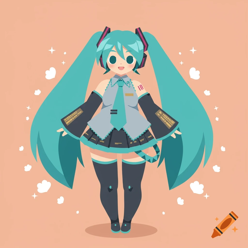 A stylized, chibi-like illustration of Hatsune Miku with long teal twin-tails, wearing her signature outfit, against a peach background with white hearts and stars.