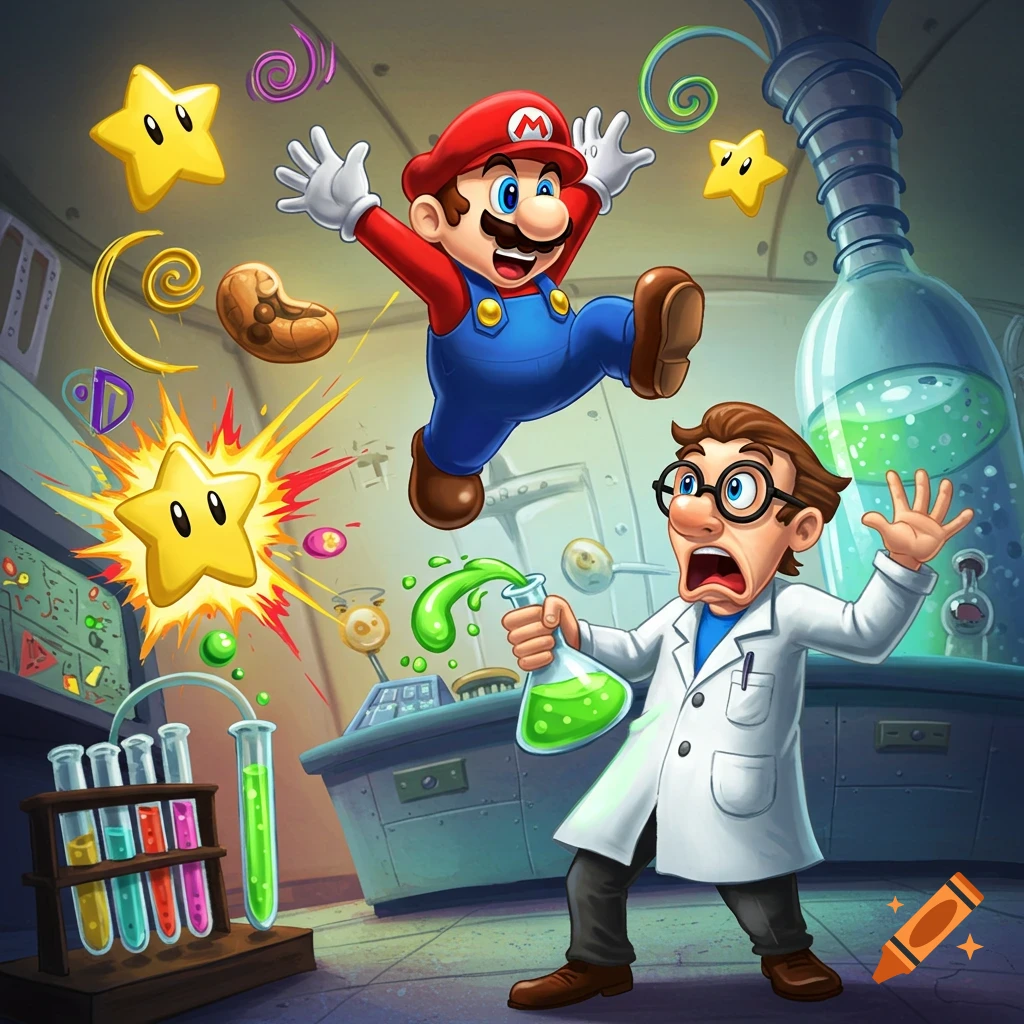 Cartoon Mario jumps joyfully in a chaotic science lab, while a frightened scientist spills green liquid from a flask.