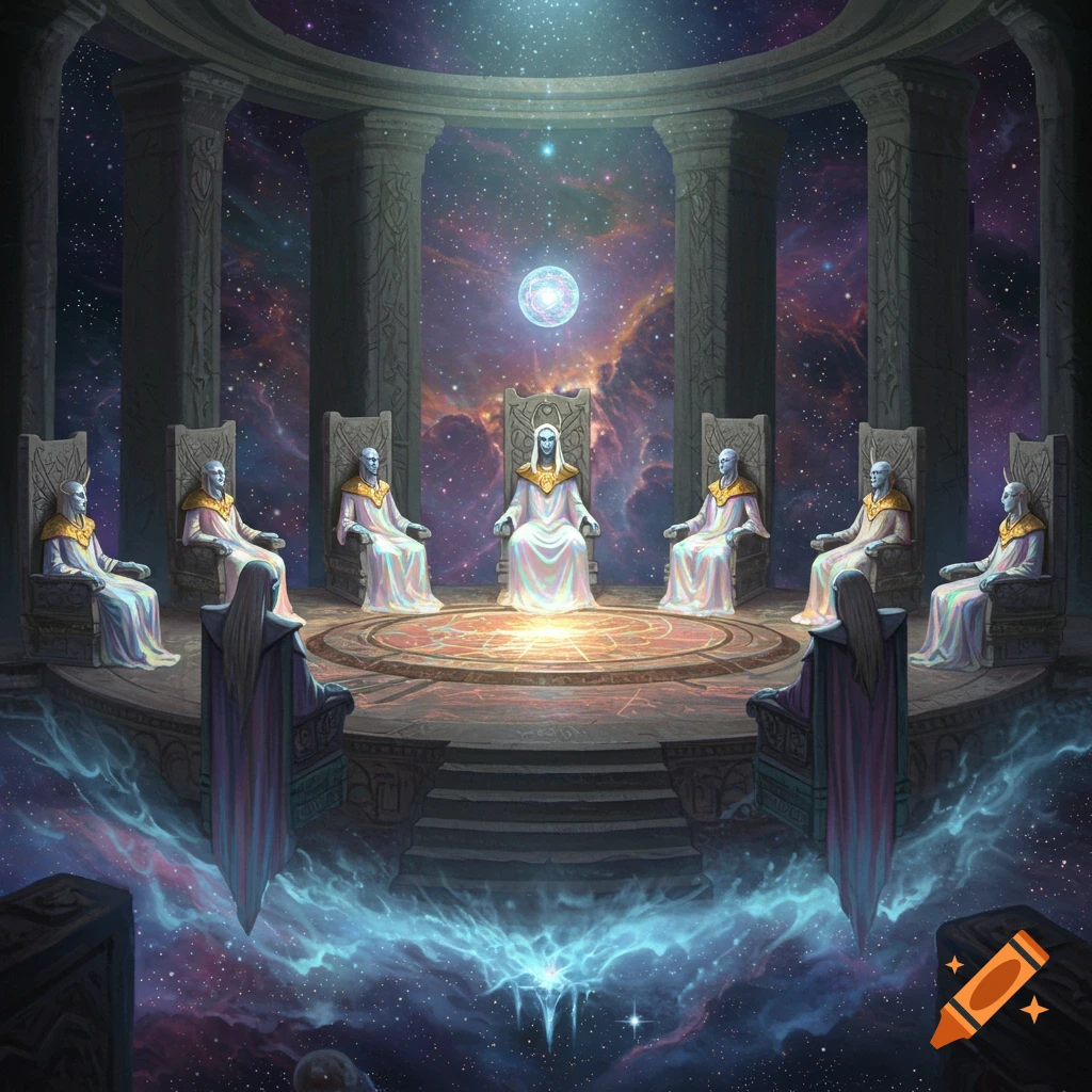 A grand cosmic council of robed, pale-skinned beings seated in a columned chamber against a vibrant nebula, digital painting.