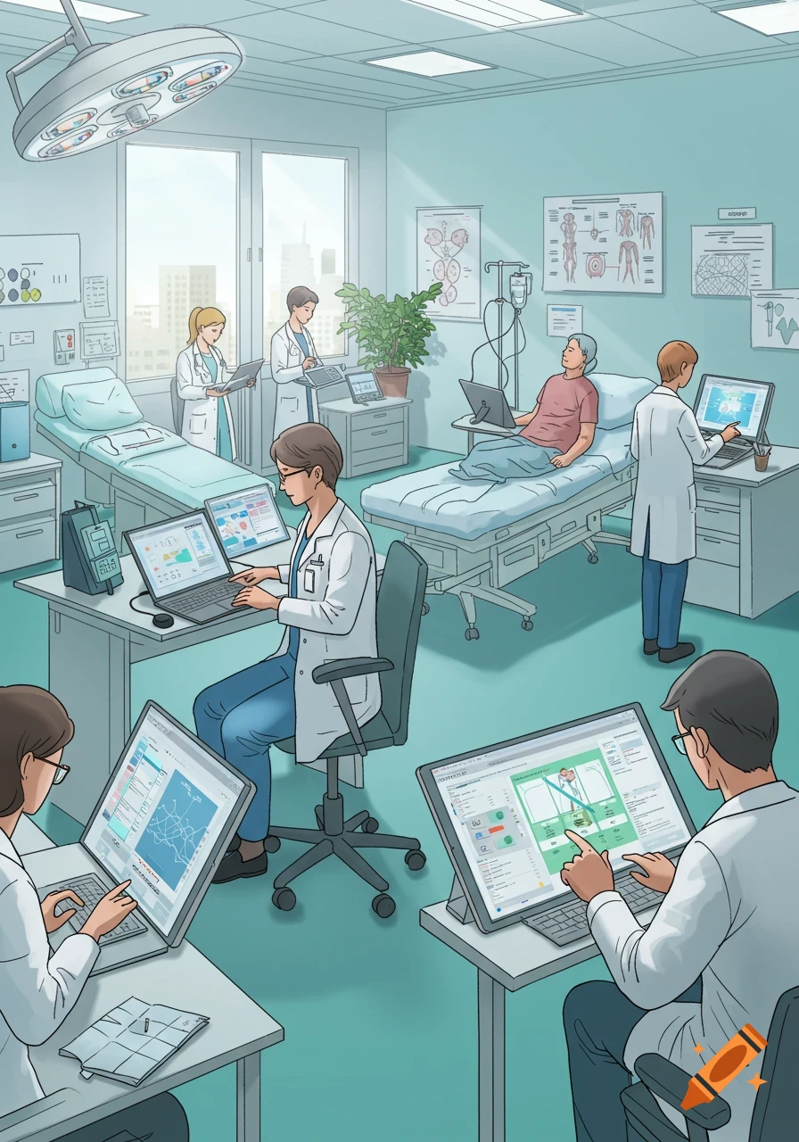 Doctors, nurses, and a patient participate in a usability study in a brightly lit medical room with computers and beds, in a clean illustration style.
