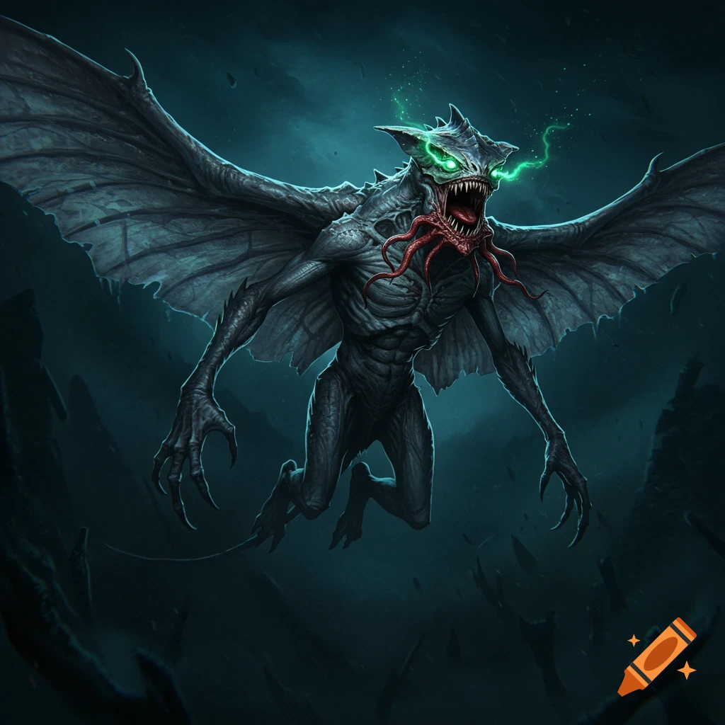 A menacing blue-gray manta ray-like creature with large leathery wings, glowing green eyes, and fleshy red tendrils in its wide-open mouth, flying in a dark, atmospheric setting.