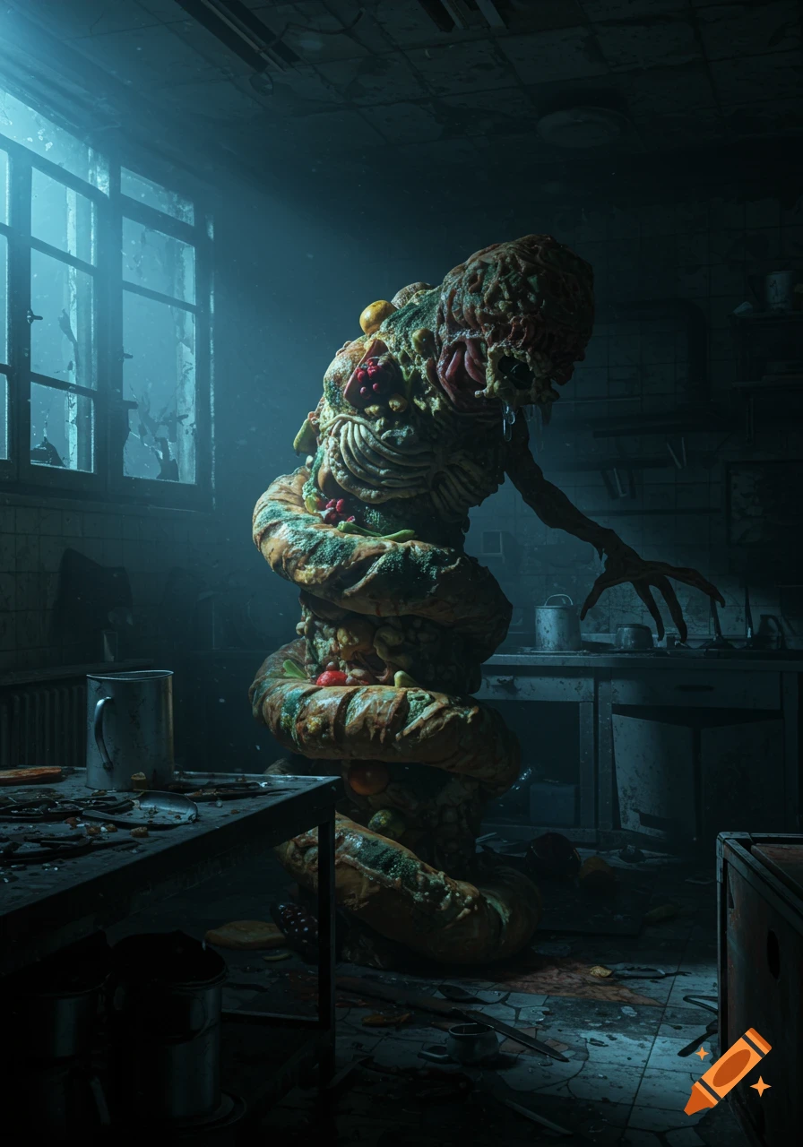A grotesque monster made of rotting food with bones and eyeballs, in a dark, abandoned kitchen, lit by light from a broken window. Photorealistic.