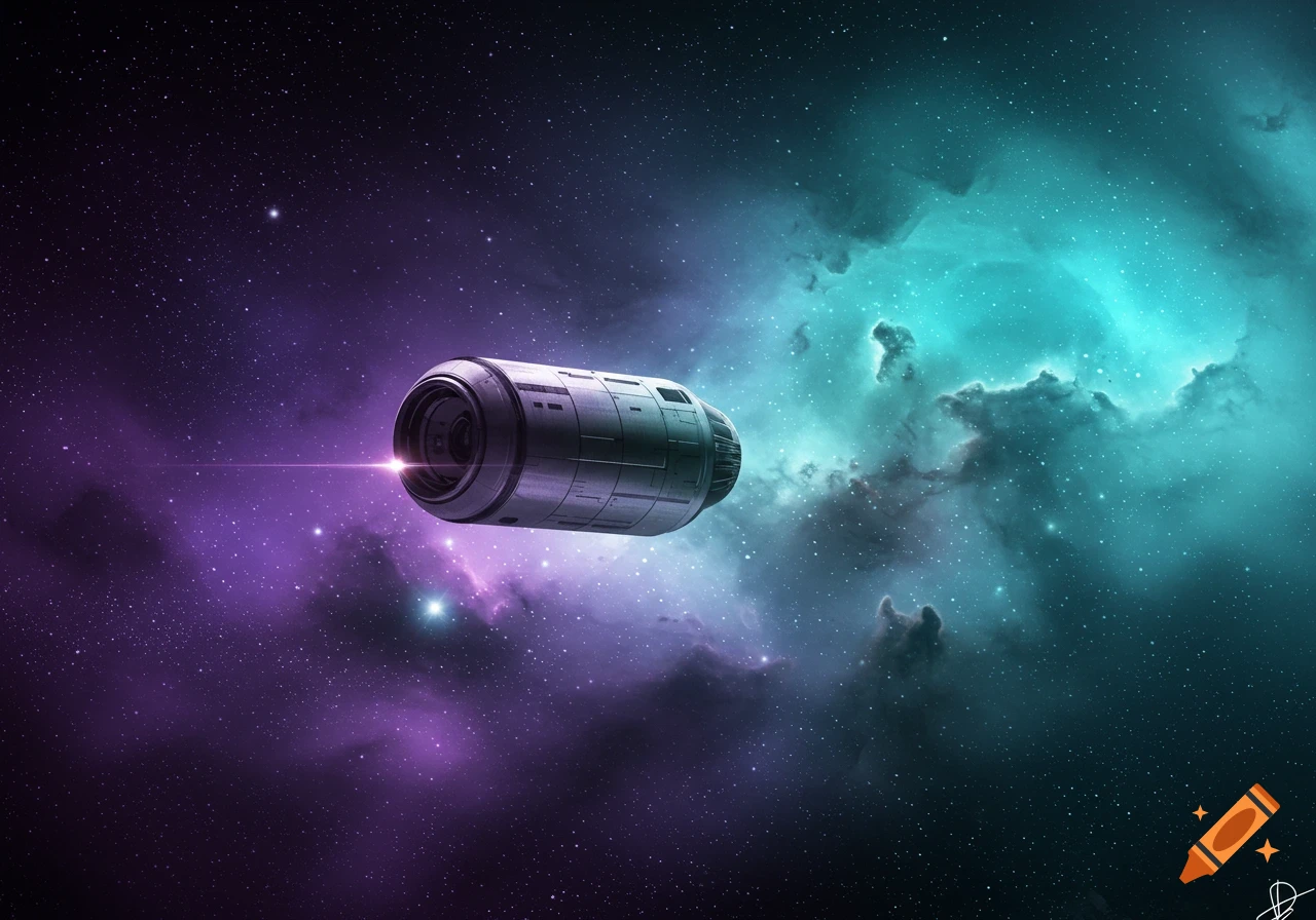 A cylindrical pod with a glowing front light traverses a vibrant purple and teal nebula filled with stars.