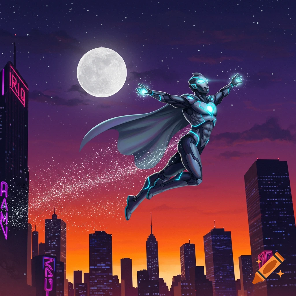 A superhero in a black and blue glowing suit and cape flies over a futuristic cityscape at sunset, with a large full moon and stars visible.