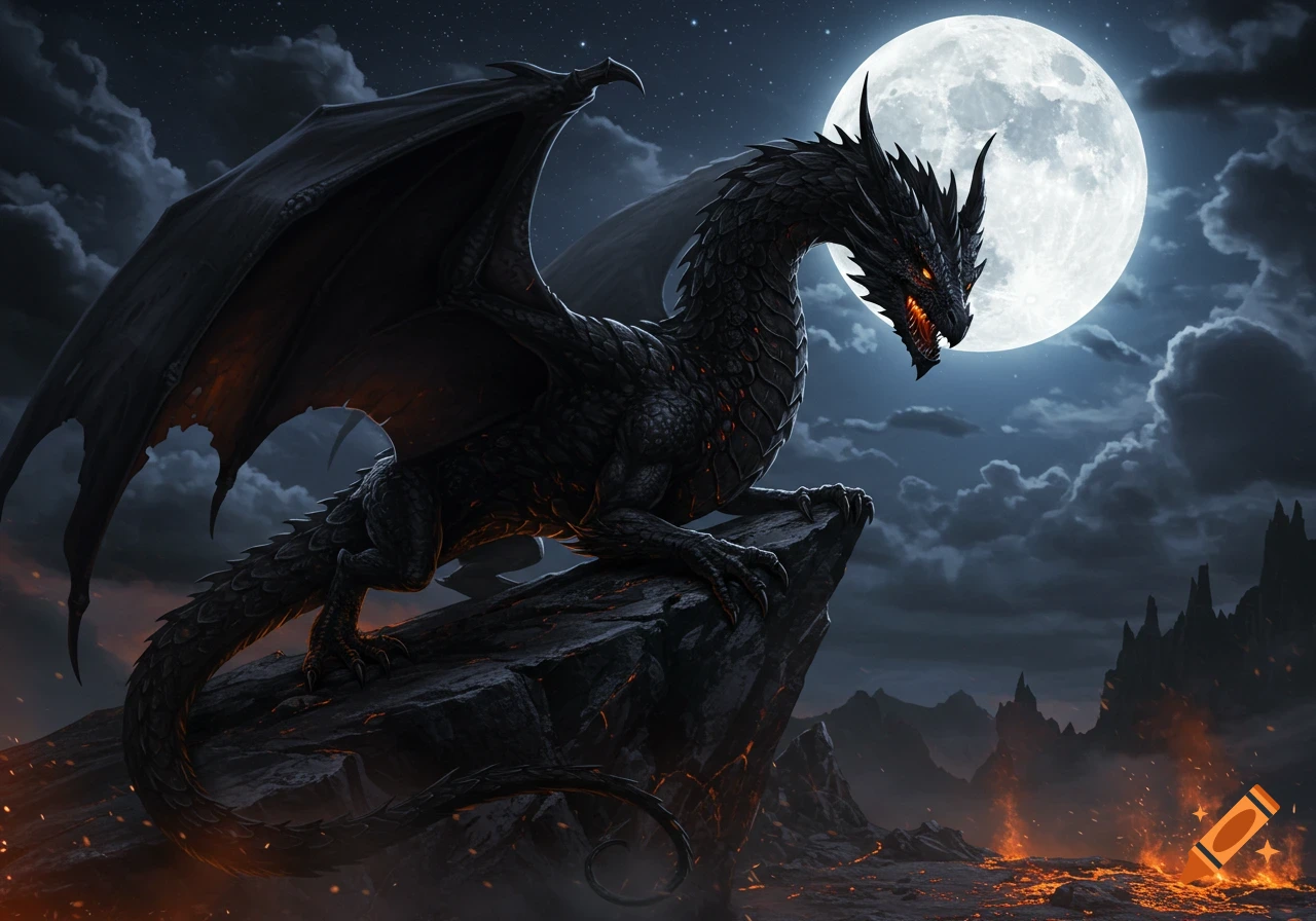 A black dragon with glowing eyes perches on a jagged rock over a fiery landscape, under a huge full moon and cloudy night sky.