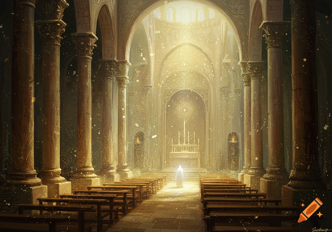 A grand, glowing cathedral interior with long rows of pews, tall columns, and an ethereal figure at the altar, rendered in a painterly style with golden light and sparkling particles.