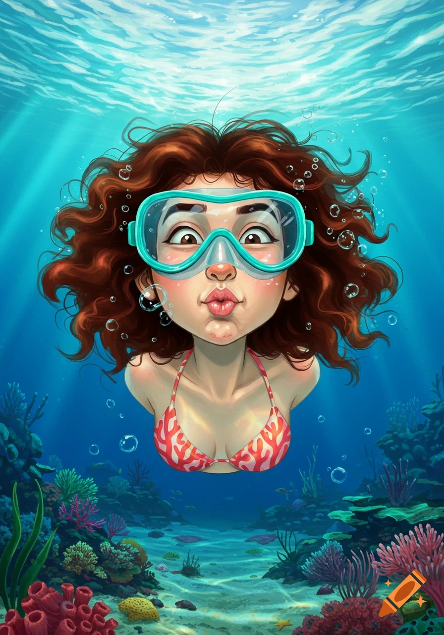 Cartoon illustration of a girl in a bikini and goggles making a fish face underwater amidst coral reefs.