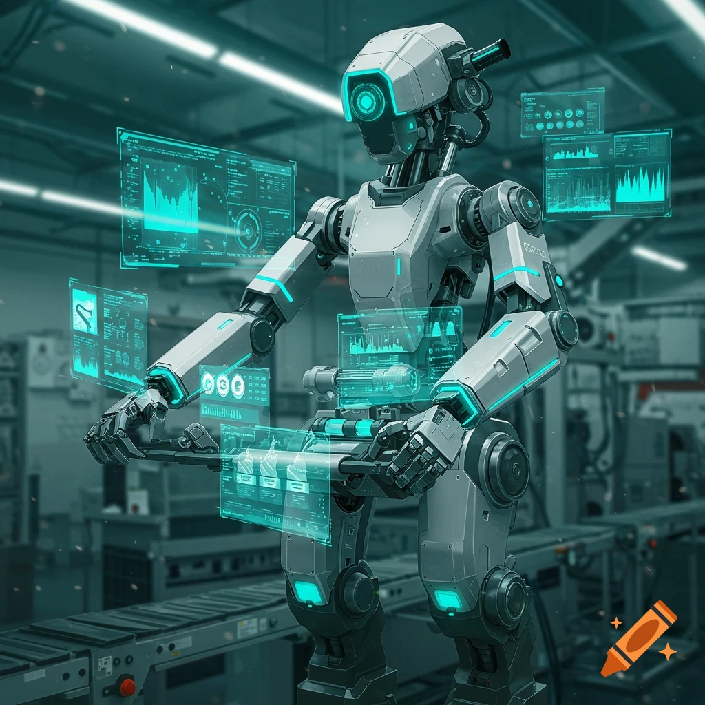 Futuristic robot interacts with glowing holographic screens displaying data in a high-tech industrial factory.