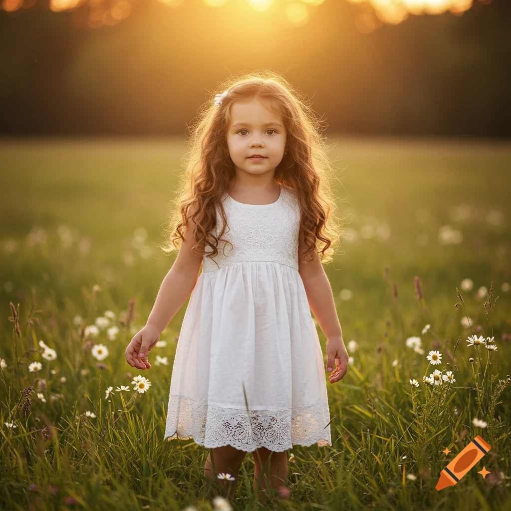A young girl with long, curly brown hair stands in a sunny field of wildflowers, wearing a white dress.