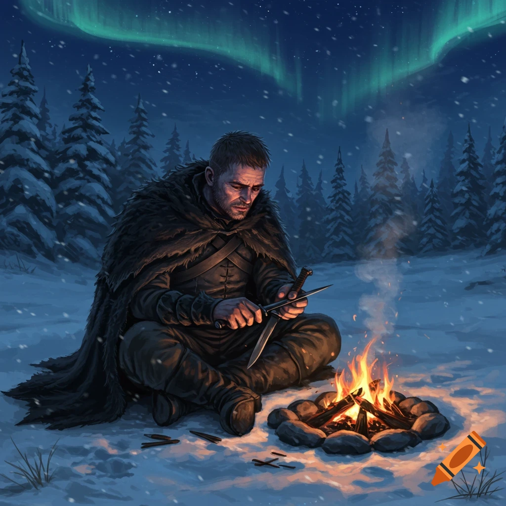 A man in a fur-trimmed cloak sharpens a knife by a campfire in a snowy forest at night, under the green aurora borealis.