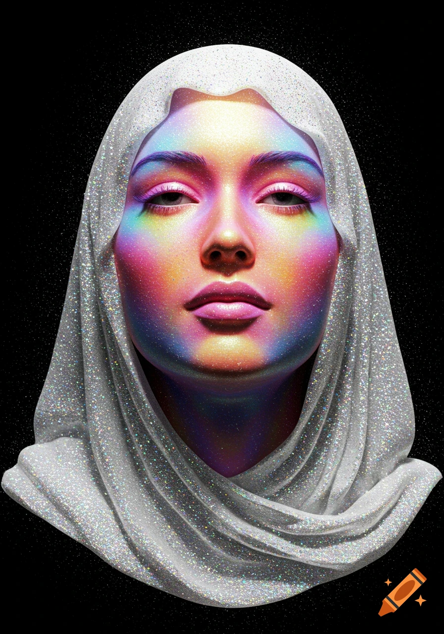 Close-up digital art portrait of a woman's face covered in shimmering rainbow colors, wearing a sparkling white headscarf.