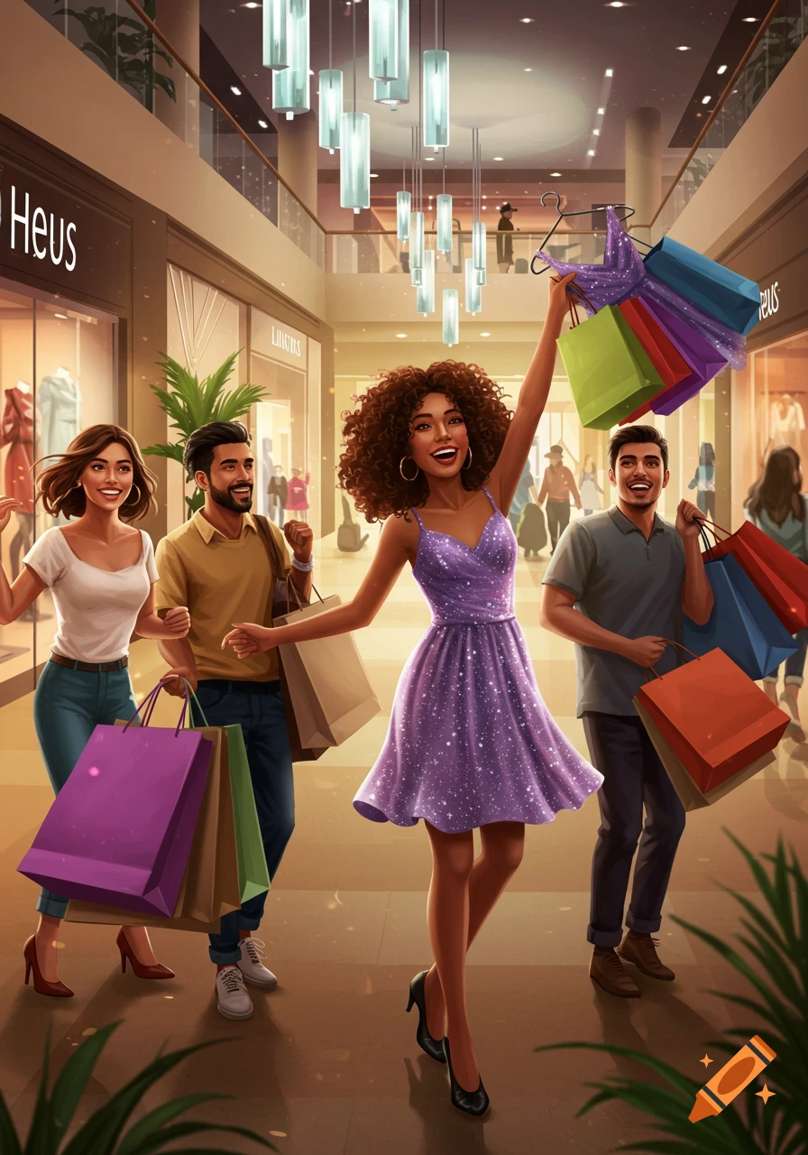 Illustrated diverse friends happily shopping with many bags in a vibrant, modern mall.