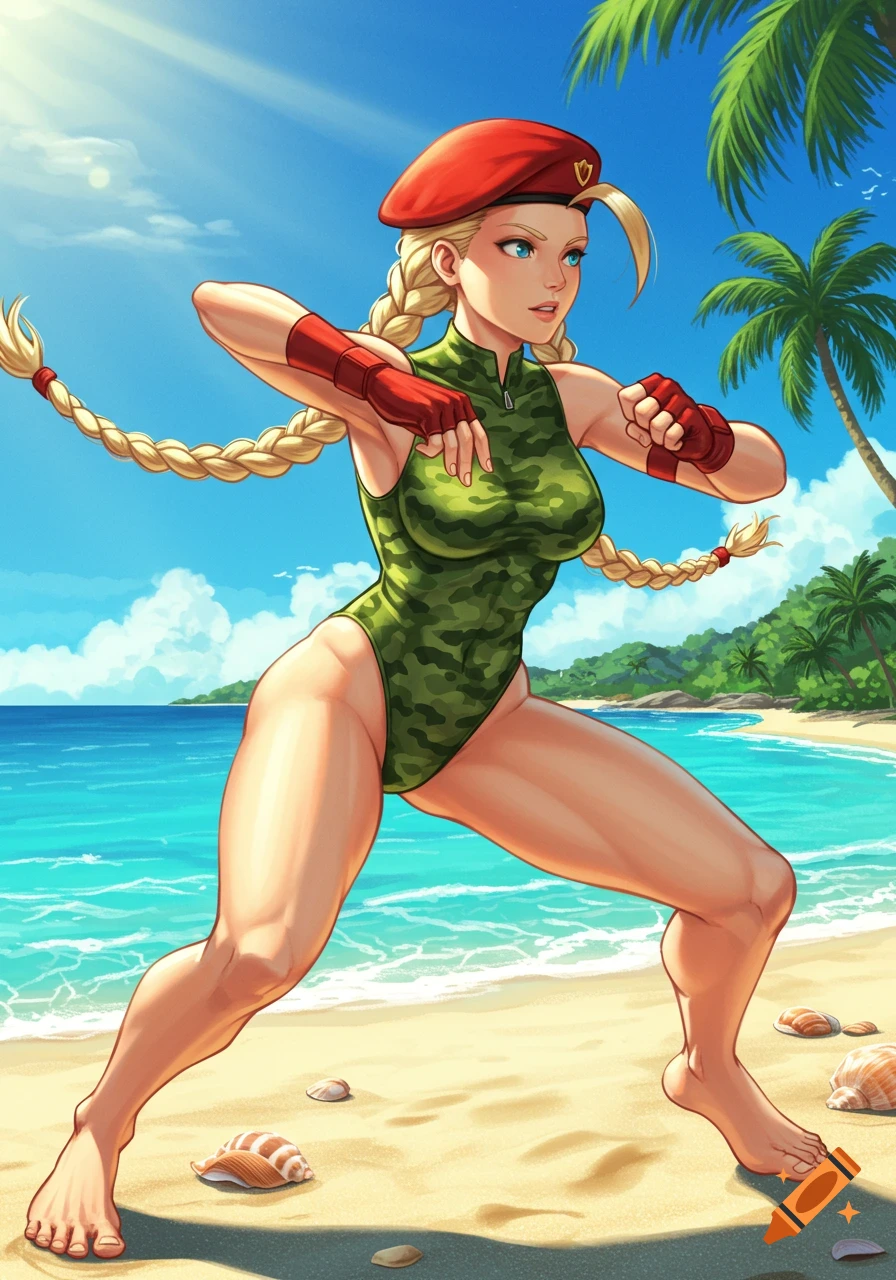 Anime style drawing of Cammy White in a green camouflage swimsuit and red beret on a sunny tropical beach, striking a pose.