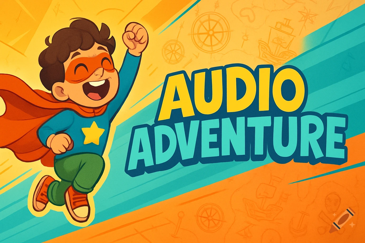 Cartoon superhero child in mid-air with a red cape, fist raised, next to bold 'AUDIO ADVENTURE' text on a vibrant yellow and teal adventure-themed background.