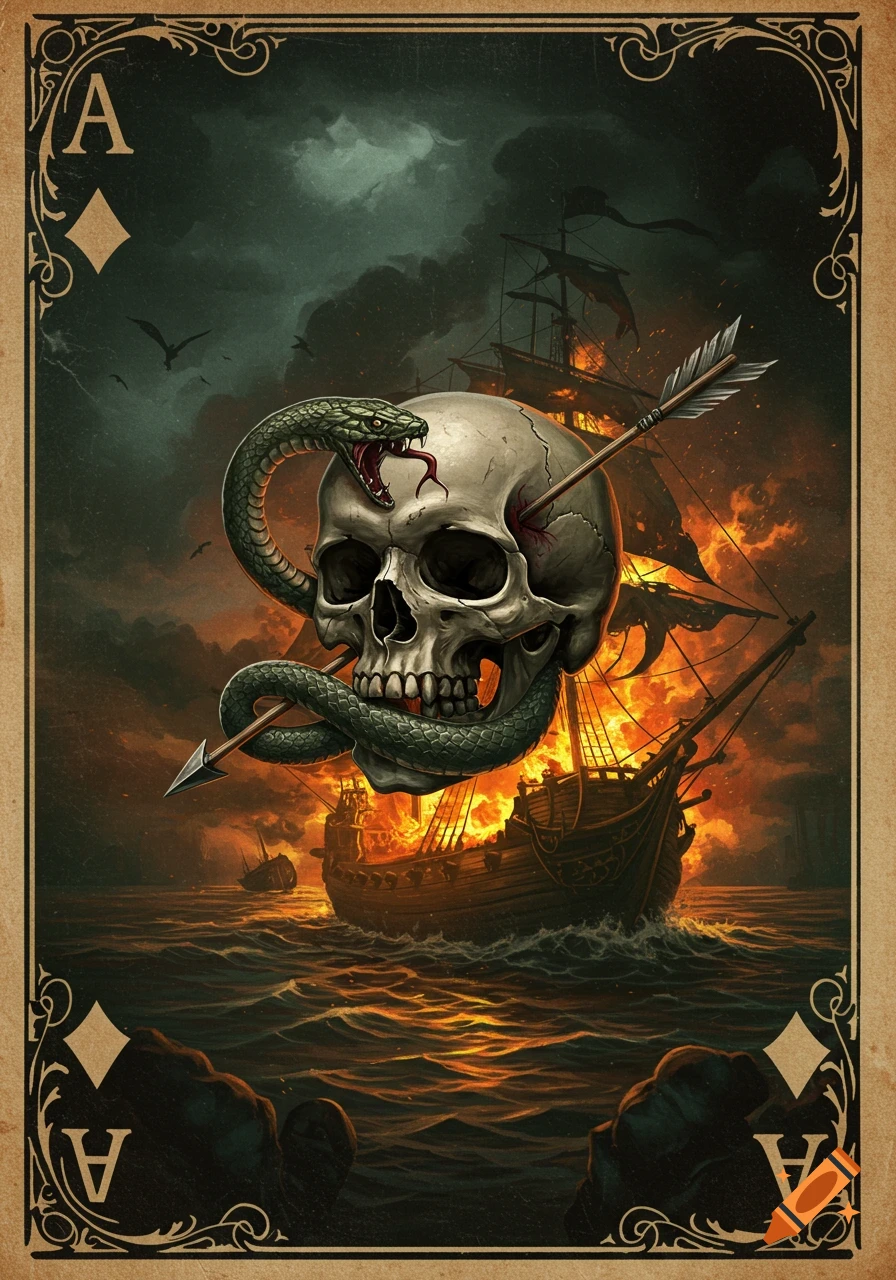 Macabre Ace of Diamonds playing card featuring a skull, snake, arrow, and burning pirate ship on stormy seas, vintage style.