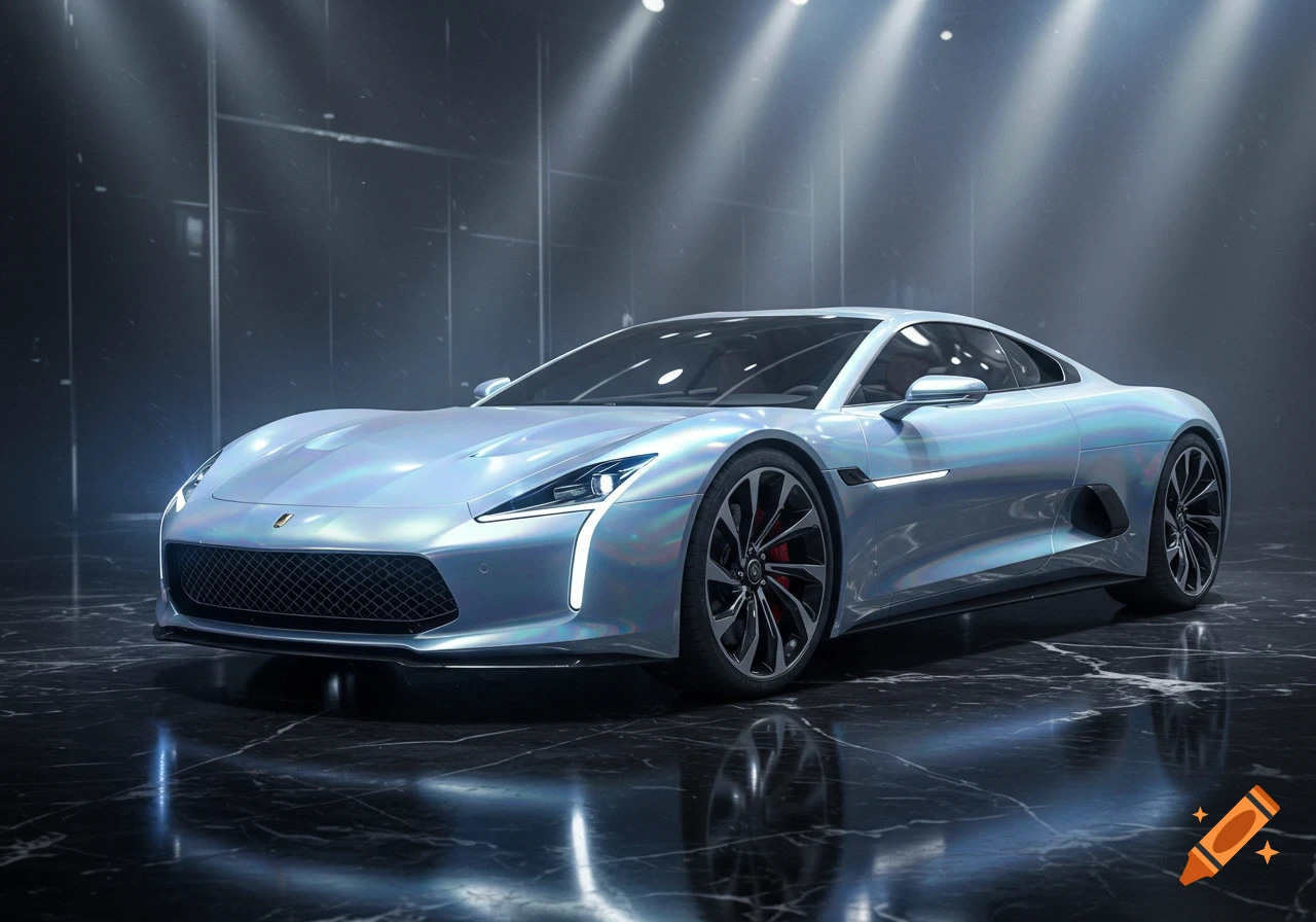 A sleek, iridescent light blue futuristic sports car parked in a dark, reflective showroom with spotlights.