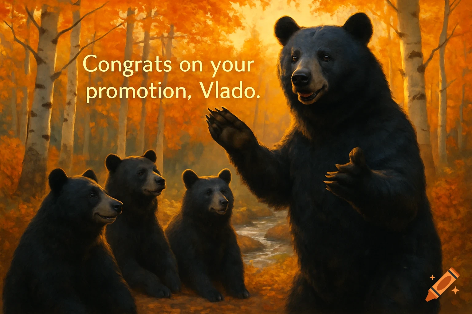 A large black bear with raised paw stands before three other bears in an autumn forest. Text reads: 'Congrats on your promotion, Vlado'.