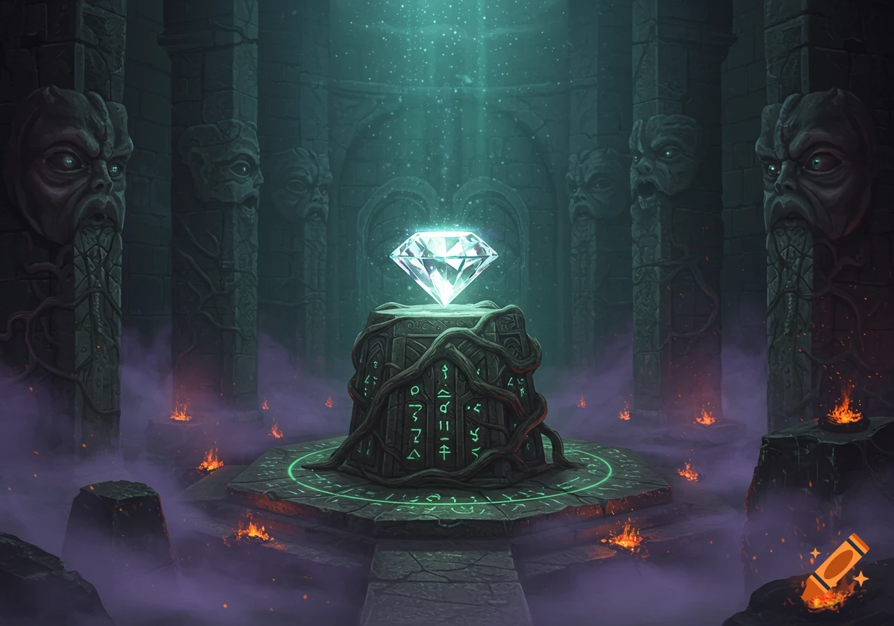 A glowing diamond sits on an ancient, vine-covered pedestal carved with runes, in a dark, eerie chamber with monster-faced pillars and small fires.