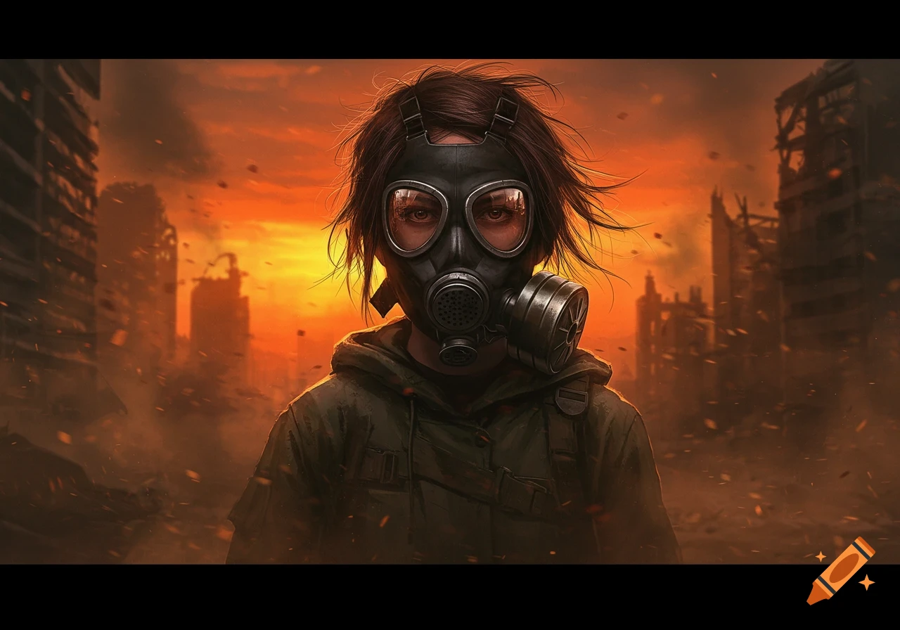 A girl in a gas mask stands amidst a ruined, burning city with an orange sky, in a digital art style.
