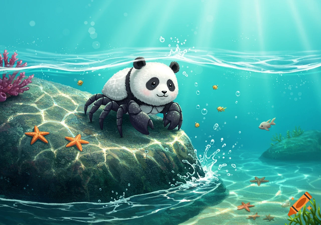 A cute panda-crab hybrid sits on a mossy rock in a vibrant underwater scene with fish and starfish, in an illustration style.