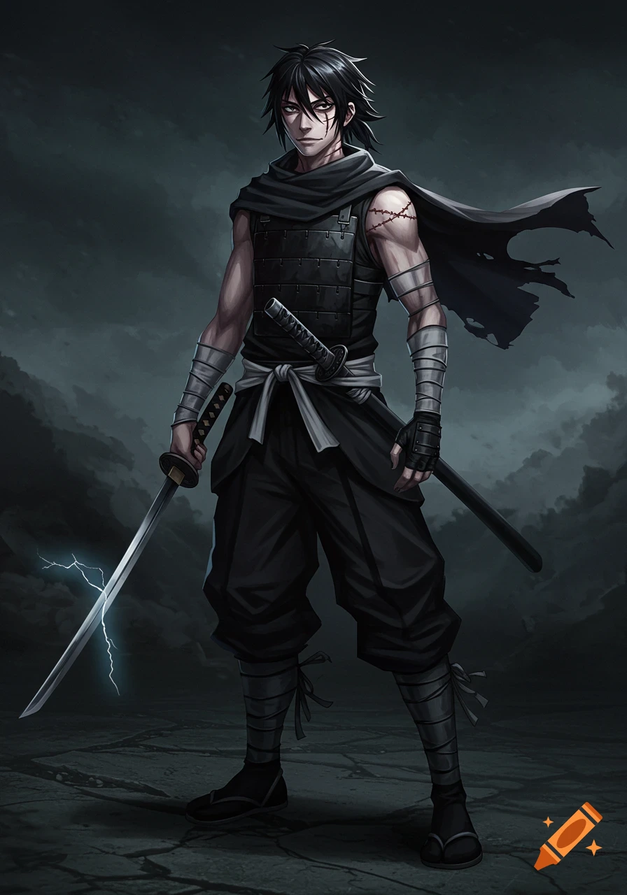 A dark anime fantasy warrior with spiky black hair, facial scars, and black armor stands holding a lightning-charged katana against a stormy background.