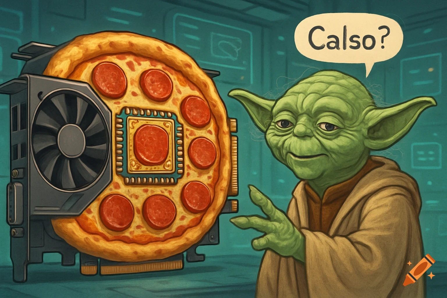 A cartoon illustration of Yoda asking 'Calso?' while gesturing to a pizza-shaped GPU on a futuristic background.