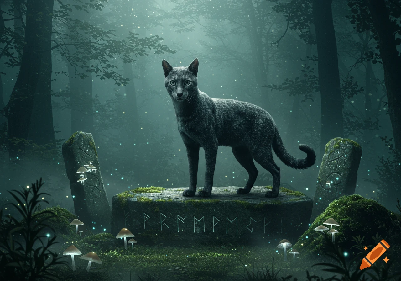 A gray cat stands on a mossy stone slab with glowing runes in a dark, mystical forest with glowing mushrooms and fireflies.