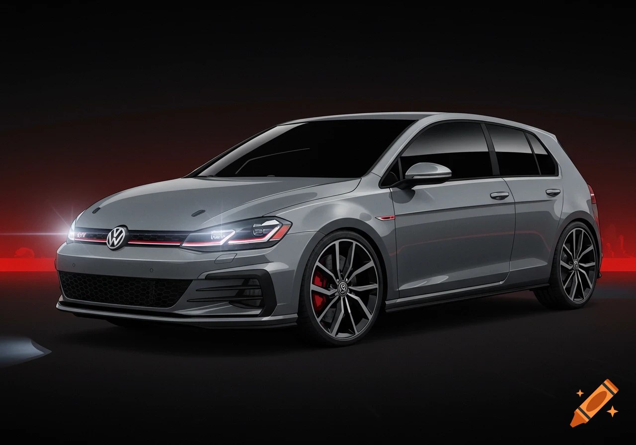 A gray Volkswagen Golf GTI TCR in an anime cartoon style, featuring bright headlights and a dark, red-tinged background.