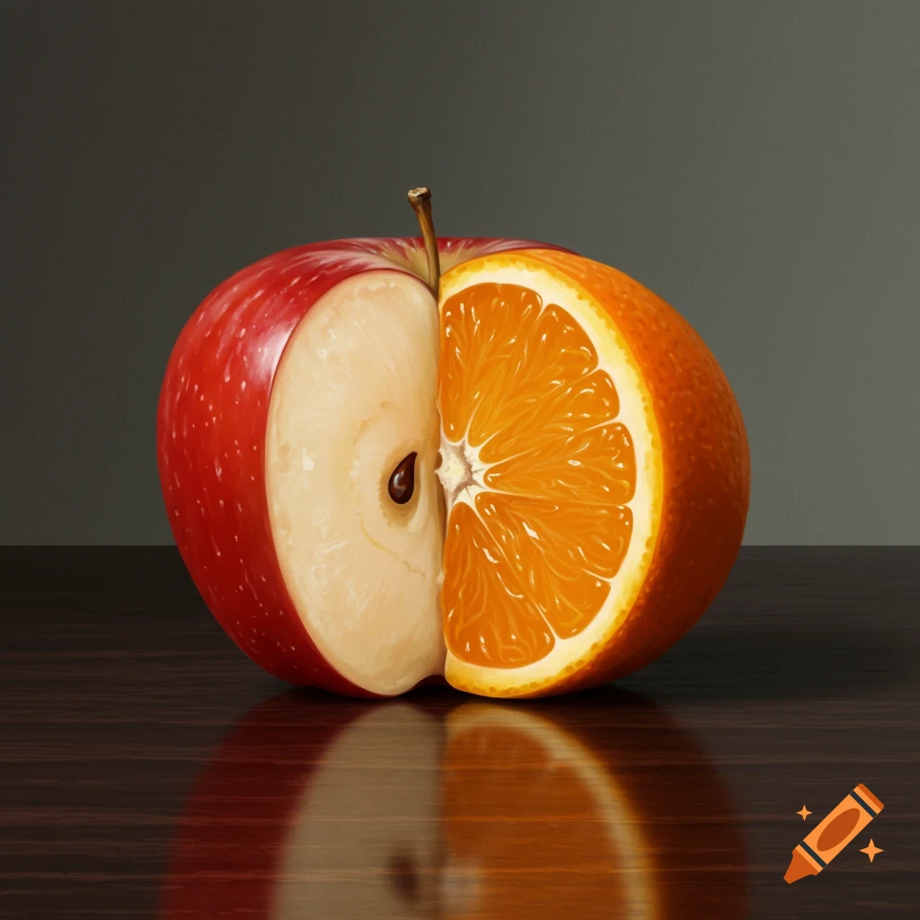 A photorealistic image of a red apple half fused with an orange half, resting on a reflective dark wooden table.