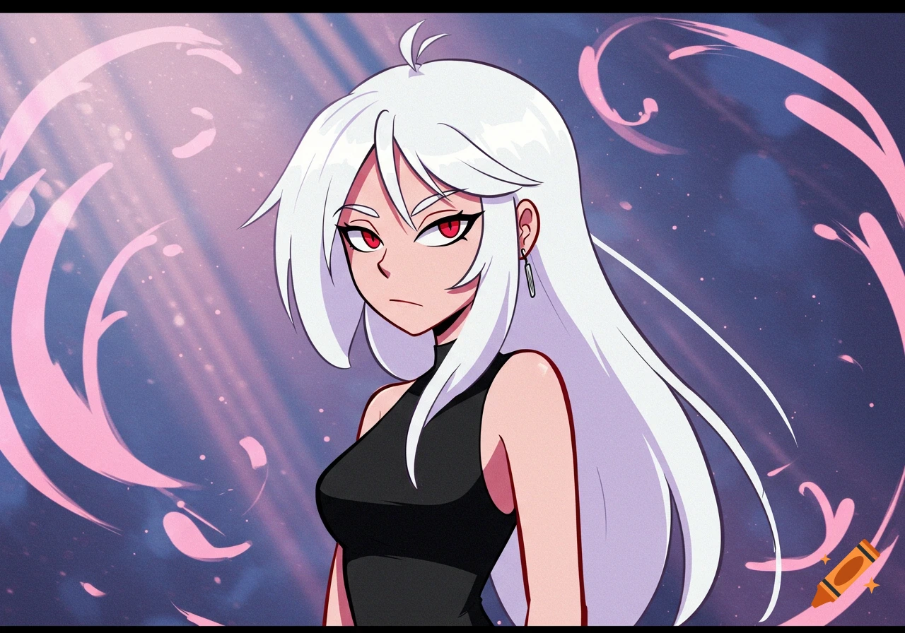 Anime style woman with long white hair, red eyes, and a stern expression, against a magical pink and purple background.