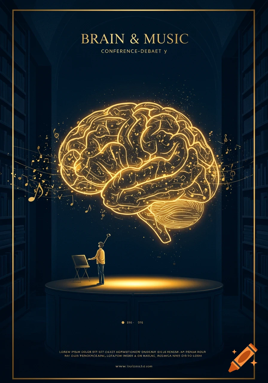 Artistic poster with a glowing, stylized brain made of musical notes above a person conducting on a stage, flanked by bookshelves. Text reads "BRAIN & MUSIC".
