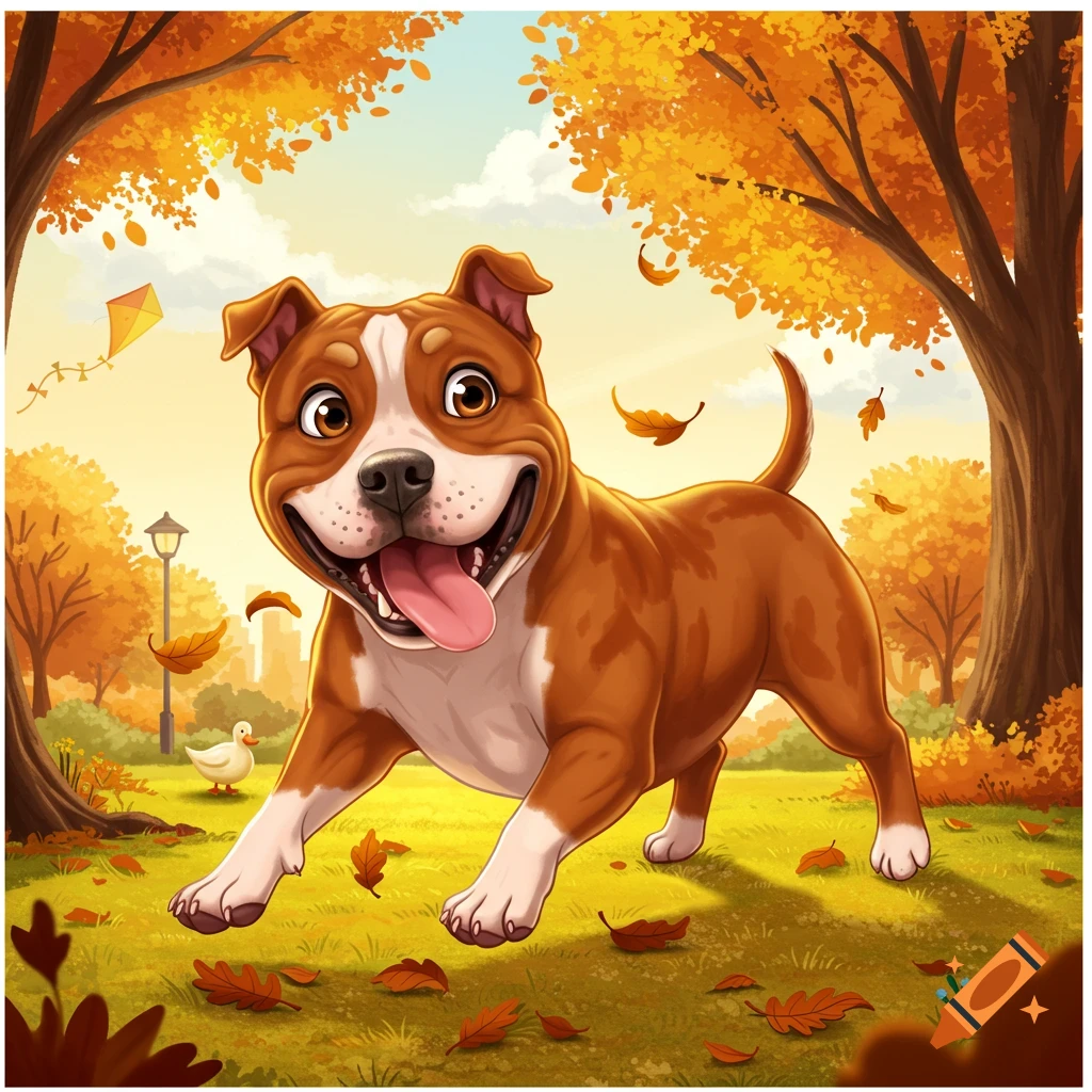 A happy cartoon pitbull with brown and white fur runs through an autumn park with falling orange leaves and trees.
